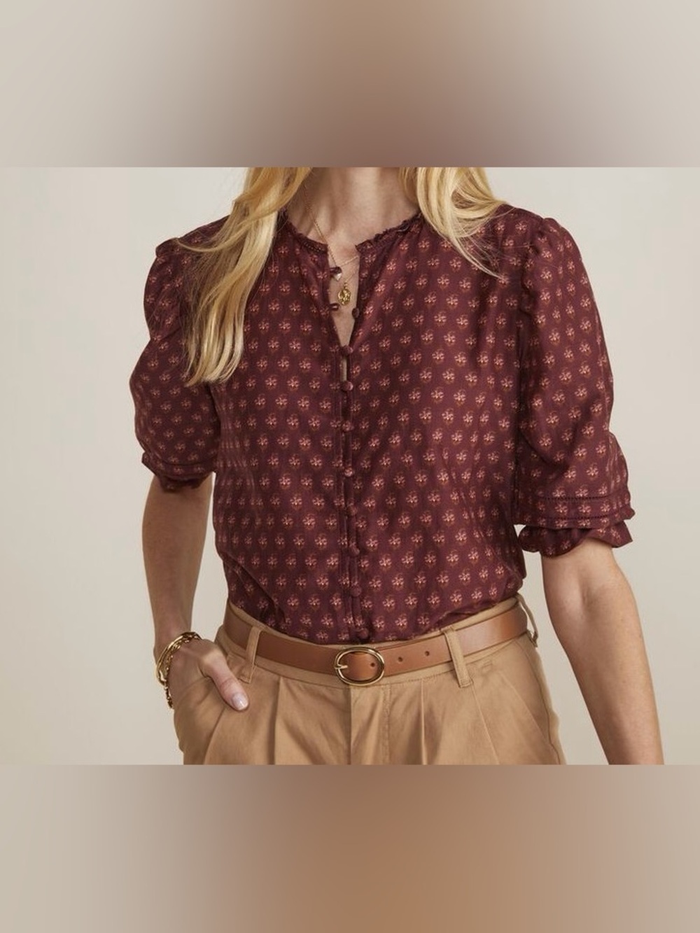 Vineyard Vines Maroon Fenwick Floral Puff Sleeve Silk Blend Top